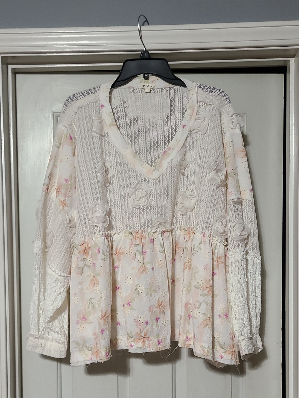 POL Floral Mixed-Media Peplum Top